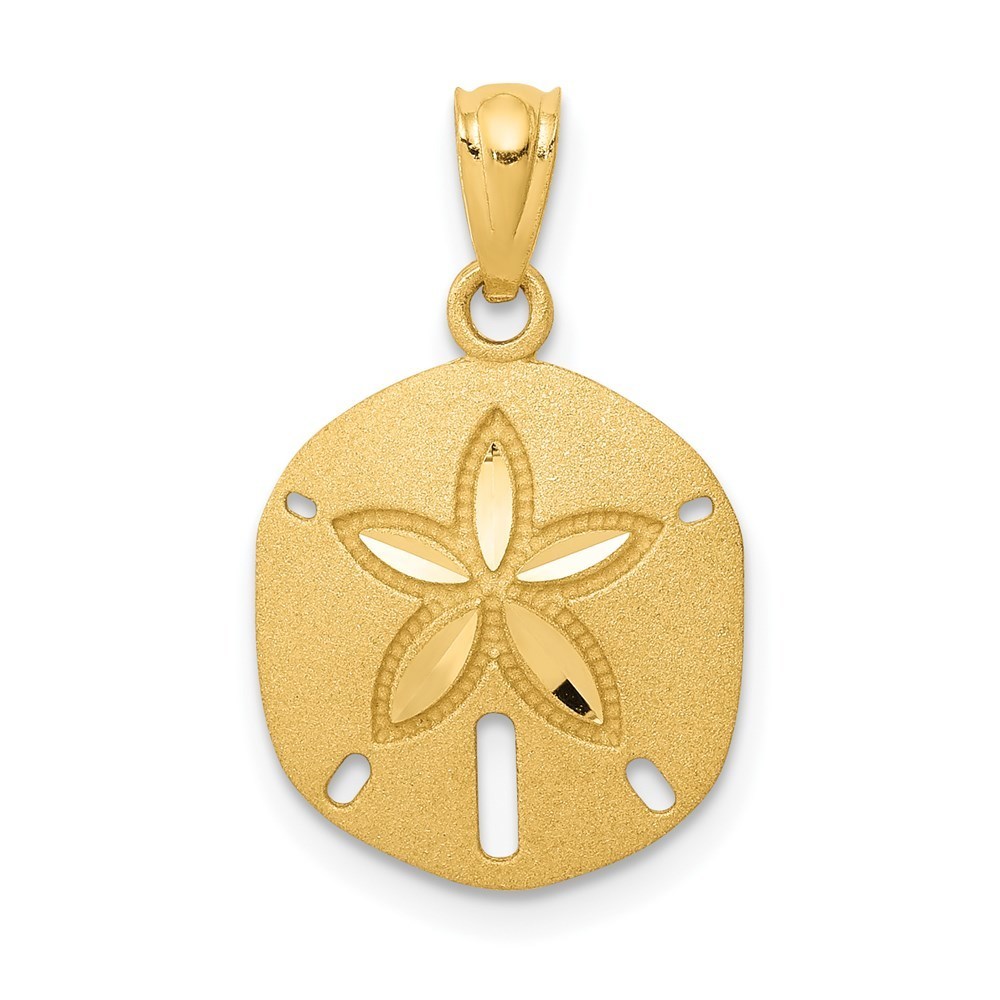 14k Yellow Gold Satin Diamond-Cut Sand Dollar Necklace Charm 20mm X 13mm